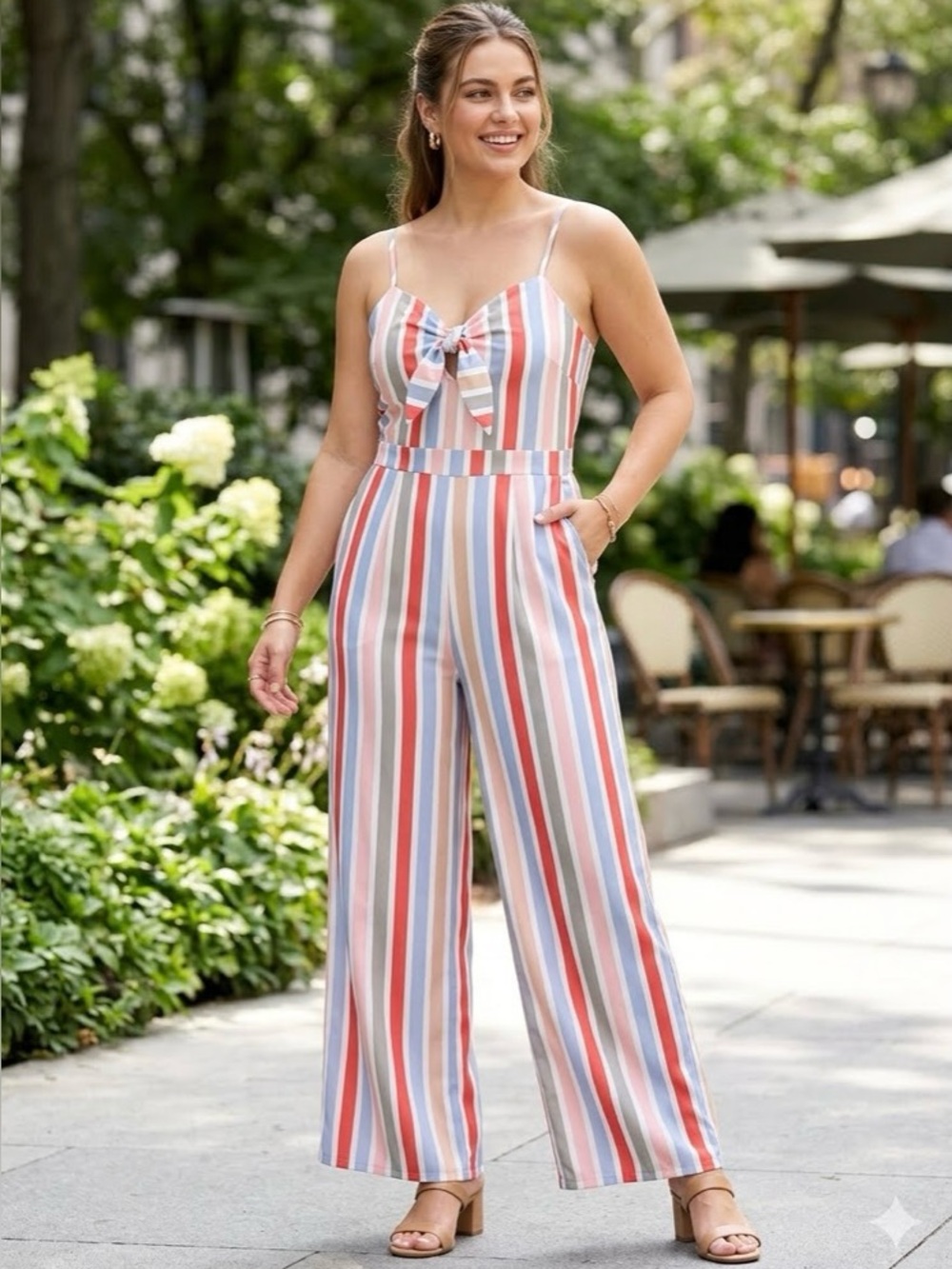 Romeo Juliet Pink Blue Striped Tie Front Couture Jumpsuit Sz M